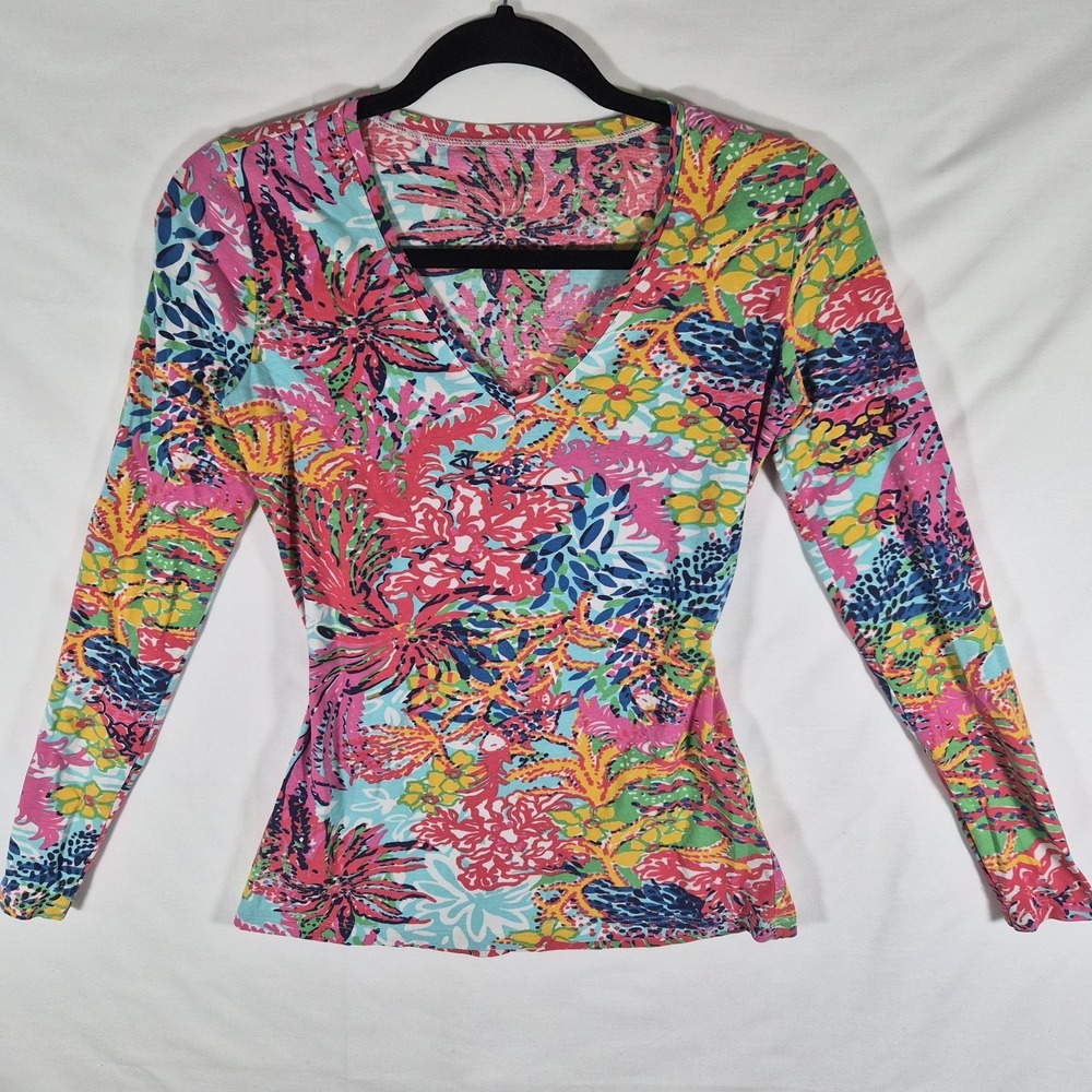 Lilly Pulitzer Women's XS Floral Long Sleeve Top Pink Blue Tropical V Neck